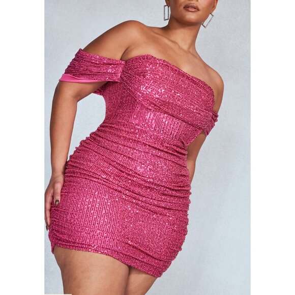 Pretty Little Thing Pink Sequin Ruched Mini Dress Open Back Sz 22 Womens - Picture 11 of 16